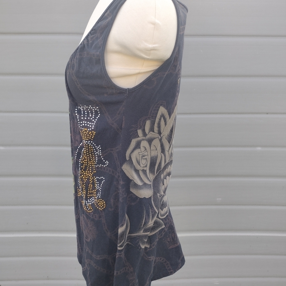Christian Audigier Y2K Womens Black Rhinestone Roses Tank Top Blouse M - Picture 4 of 11
